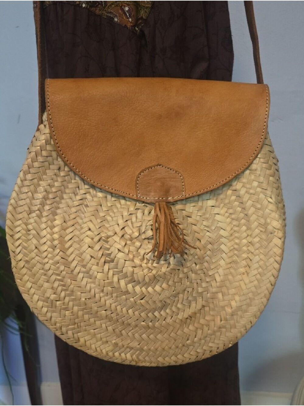 Woven Straw Circle Adjustable Crossbody Bag with Tan Leather Tassel Flap - Picture 2 of 10